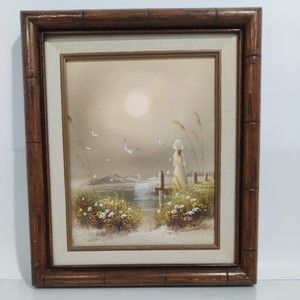 Original Oil Painting on Canvas Signed Girl Pier Ocean Flowers Ships Seascape